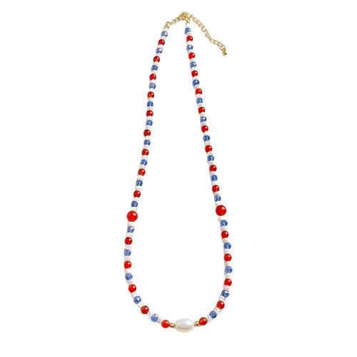 Blue and red pearl necklace